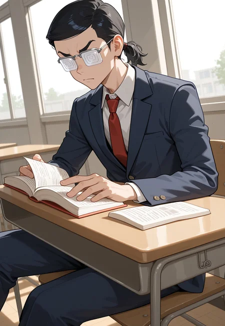 masterpiece, best quality, newest, absurdres, very aesthetic, highres, perspective, TRSBaji, 1boy, male focus, black hair, short ponytail, opaque glasses, over-rim eyewear, square coke-bottle glasses, white collared shirt, white wing collar, dark blue pants, brown belt, dark blue suit jacket, long sleeves, red necktie, solo, classroom, schooldesk, sitting on chair, reading book, book on desk, arms on desk, open book, holding book, v-shaped eyebrows, serious, frown, dutch angle, day, sunlight window,