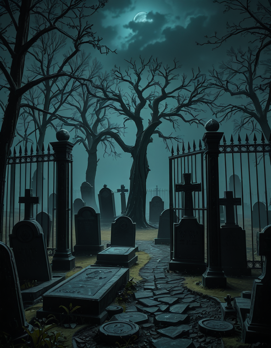 A dark and eerie cemetery shrouded in mist, with ancient, weathered tombstones covered in moss. The scene is dimly lit by a pale, ghostly moonlight filtering through twisted, leafless trees. Cracked stone pathways lead through the graveyard, partially hidden by overgrown grass and creeping ivy. A few old, gothic-style mausoleums stand in the background, their iron gates slightly ajar, adding to the mysterious and haunting atmosphere. Wisps of fog swirl around the gravestones, enhancing the eerie mood. The overall color palette consists of deep blues, grays, and muted greens, creating a cold and unsettling ambiance. The image is highly detailed and photorealistic, capturing the textures of the aged stone, the fogâs movement, and the ominous shadows stretching across the ground. 
<lora:SDXLFaeTastic2400:0.4> <lora:extremely_detailed:0.4> extremely detailed,<lora:33r13_c3m3t3ry-ill:1>,33r13 c3m3t3ry, Masterpiece,best quality,hi res,8k,hi res,8k,award winning,(sharp focus, intricate, highly detailed),
