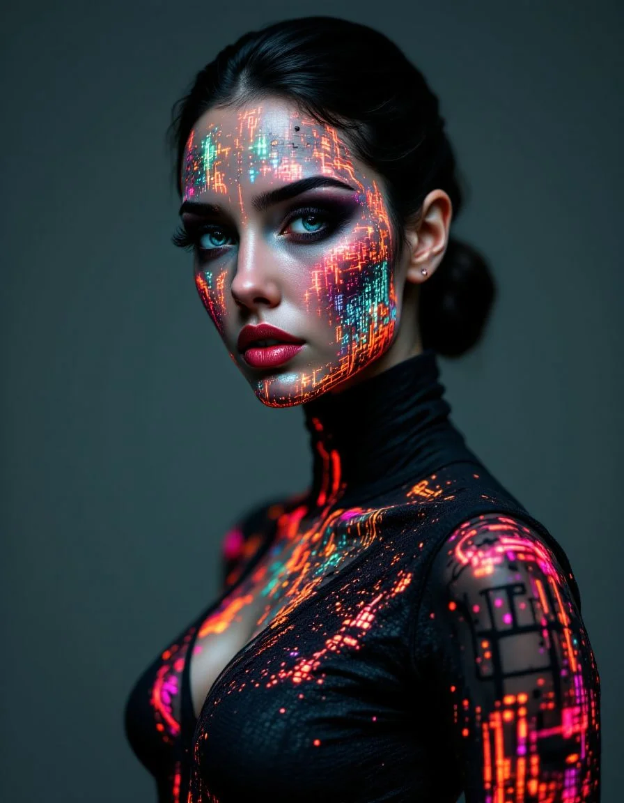 cybernetic style futuristic style Futurism Art Style, This is a high-resolution photograph of a woman with a striking, futuristic appearance. Her face and body are covered in a glowing, pixelated pattern of vibrant colors, including red, orange, yellow, green, blue, and white, which creates a mesmerizing, almost holographic effect. The colors are arranged in a complex, abstract design, with some areas of the pattern appearing more densely packed than others. Her skin is smooth and flawless, accentuated by the contrast of the glowing pixels.
The woman has a slender build and is wearing a form-fitting, black bodysuit that mirrors the pixelated pattern, seamlessly blending with the light show. Her dark hair is pulled back into a sleek, low bun, and her eyes are strikingly blue, complemented by thick, dark eyelashes. She has full, red lips that stand out against the colorful background.
The background is a dark, neutral color, which allows the glowing pixels to be the focal point. The lighting is soft but intense, casting shadows that enhance the depth and dimension of the image. The overall style of the photograph is modern and avant-garde, blending elements of technology and fashion into a visually stunning and thought-provoking composition. <lora:aidmaFLuxPro1.1_v0.3:1>, ((intricate details)), hdr, ((intricate details, hyperdetailed)), dynamic, dramatic, Futurism Art Style . sleek, modern, ultramodern, high tech, detailed . futuristic, technological, cybernetic enhancements, robotics, artificial intelligence themes