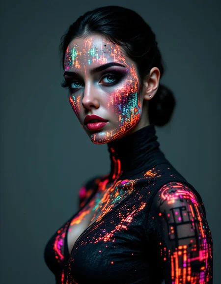 cybernetic style futuristic style Futurism Art Style, This is a high-resolution photograph of a woman with a striking, futuristic appearance. Her face and body are covered in a glowing, pixelated pattern of vibrant colors, including red, orange, yellow, green, blue, and white, which creates a mesmerizing, almost holographic effect. The colors are arranged in a complex, abstract design, with some areas of the pattern appearing more densely packed than others. Her skin is smooth and flawless, accentuated by the contrast of the glowing pixels.
The woman has a slender build and is wearing a form-fitting, black bodysuit that mirrors the pixelated pattern, seamlessly blending with the light show. Her dark hair is pulled back into a sleek, low bun, and her eyes are strikingly blue, complemented by thick, dark eyelashes. She has full, red lips that stand out against the colorful background.
The background is a dark, neutral color, which allows the glowing pixels to be the focal point. The lighting is soft but intense, casting shadows that enhance the depth and dimension of the image. The overall style of the photograph is modern and avant-garde, blending elements of technology and fashion into a visually stunning and thought-provoking composition. <lora:aidmaFLuxPro1.1_v0.3:1>, ((intricate details)), hdr, ((intricate details, hyperdetailed)), dynamic, dramatic, Futurism Art Style . sleek, modern, ultramodern, high tech, detailed . futuristic, technological, cybernetic enhancements, robotics, artificial intelligence themes