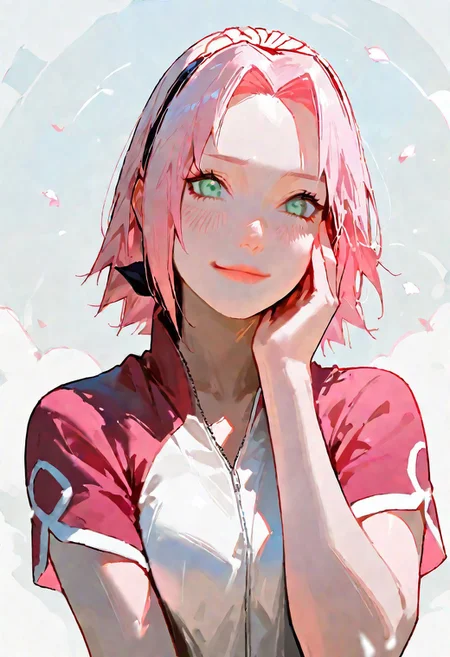 1girl,haruno_sakura,naruto_(series),"haruno sakura, naruto \(series\)","1girl, green eyes, pink hair, short hair. beautiful, detailed eyes, \(hairstyle\), young, blue eyes, white top, muted colors, {{beautiful detailed face}}, semi-realistic, {{aesthetic}}, {{{best quality}}}, stunning, perfect body, soft features, looking at viewer, {playful|smirking} \(expression\), upper body, leaning, hand on face