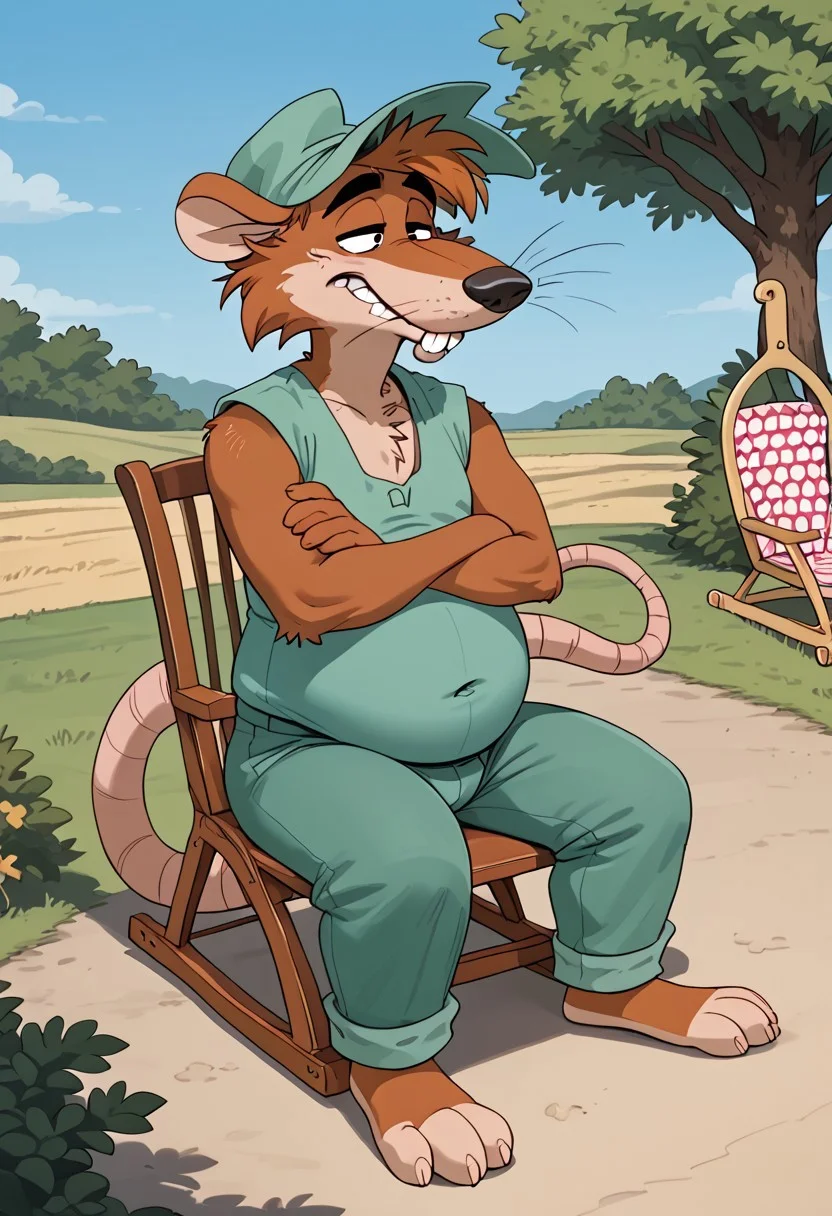 score_9, score_9_up, 1boy, furry, male, animal, opossum, orange fur, opossum ears, buckteeth, black eyes, long tail, rat tail, opossum tail, black nose, whiskers, green hat, green cap, green overall, overall pants, chubby belly, three toes, sitting on a rocking chair, cabbin background, tired face, outdoors,