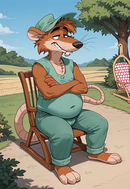 score_9, score_9_up, 1boy, furry, male, animal, opossum, orange fur, opossum ears, buckteeth, black eyes, long tail, rat tail, opossum tail, black nose, whiskers, green hat, green cap, green overall, overall pants, chubby belly, three toes, sitting on a rocking chair, cabbin background, tired face, outdoors,