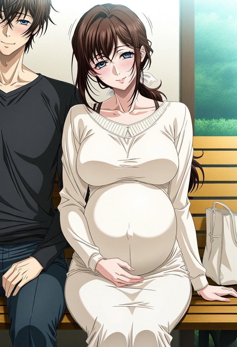 masterpiece, best quality, newest, highres, uncensored, 1girl, yokota mamoru style,1girl, slender face，motion lines,blush,torogao,looking at the viewer,seductive smile
Asai Sayaka,Brown Hair, Ponytail,Blue Eyes,Medium Breasts, Slim,long hair
1girl,solo
pregnant, 1girl, family, 1boy, mature female, bench, blush, smile, bag, sitting