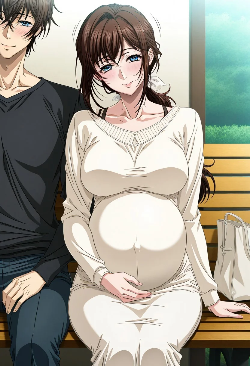 masterpiece, best quality, newest, highres, uncensored, 1girl, yokota mamoru style,1girl, slender face，motion lines,blush,torogao,looking at the viewer,seductive smile
Asai Sayaka,Brown Hair, Ponytail,Blue Eyes,Medium Breasts, Slim,long hair
1girl,solo
pregnant, 1girl, family, 1boy, mature female, bench, blush, smile, bag, sitting