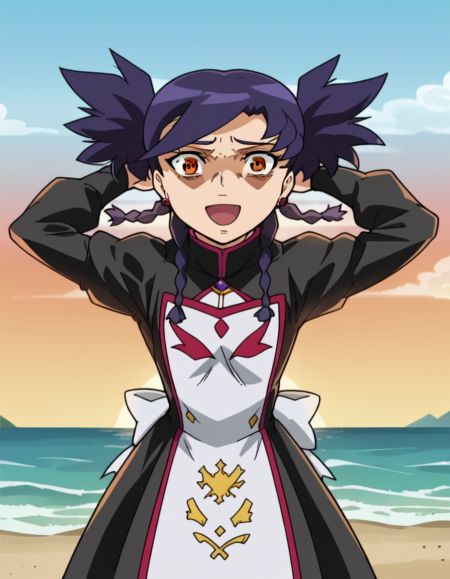 score_9, score_8_up, score_7_up, source_anime, <lora:nina-wang-s1-ponyxl-lora-nochekaiser:1>, nina wang, bangs, twintails, purple hair, braid, twin braids, orange eyes, anime screencap,, long sleeves, dress, jewelry, earrings, puffy sleeves, black dress, juliet sleeves,, beach, sunset, walking along shore, footprints in sand, waves, peaceful, smile, <lora:shocked-black-guy-ponyxl-lora-nochekaiser:1> shocked black guy, open mouth, looking at viewer, hands behind head, shaded face,, looking at viewer, solo,, dutch angle, cowboy shot