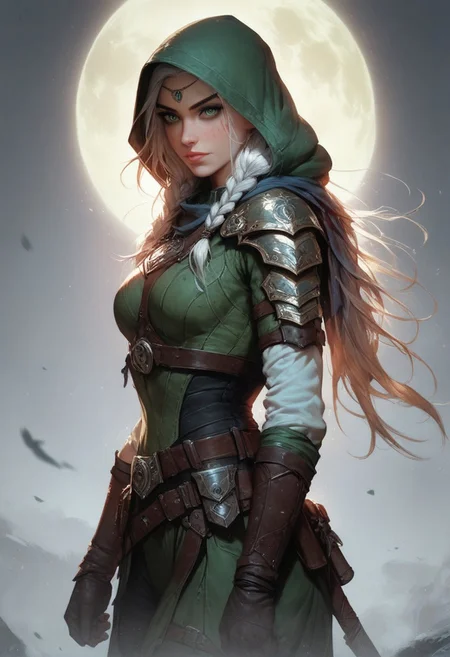 score_9, score_8_up, score_7_up, score_6_up, 1 girl, solo, the portrait of an elf ranger, a young elf woman in dark green armour, elf, girl, standing upright, ranger, archer, huntress, gorgeous, wild aura, mystic aura, detailed, realistic, background is a dark thick wood, full moon on the background, many details, the cloak of ranger is a white wolf pelt, hood is a wol'f head, The style is ethereal and artistic, soft lighting and shadows, cinematic warm lighting, cowboy shot, white long hair, braids, black runic tattoos, viking outfit, green beatiful eyes, pale skin