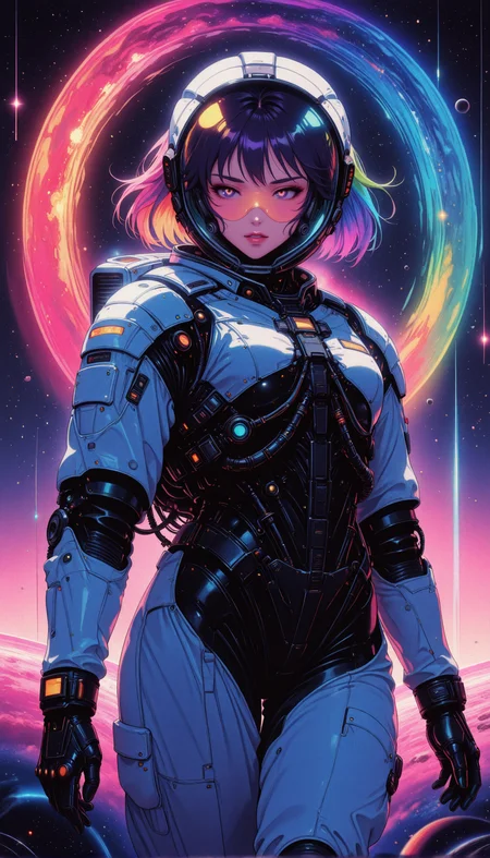 1girl, futuristic astronaut suit, visor reflecting swirling rainbow nebula, floating in deep space, ethereal glow, high-tech aesthetics, detailed cosmic lighting masterpiece, best quality, amazing quality, very aesthetic, absurdres, detailed eyes, newest, <lora:PinkieRetroCybercoreIL:1>, pinkretrocybercore, retro, <lora:ck-neon-retrowave-IL-000012:0.8>, in the style of ck-rw,