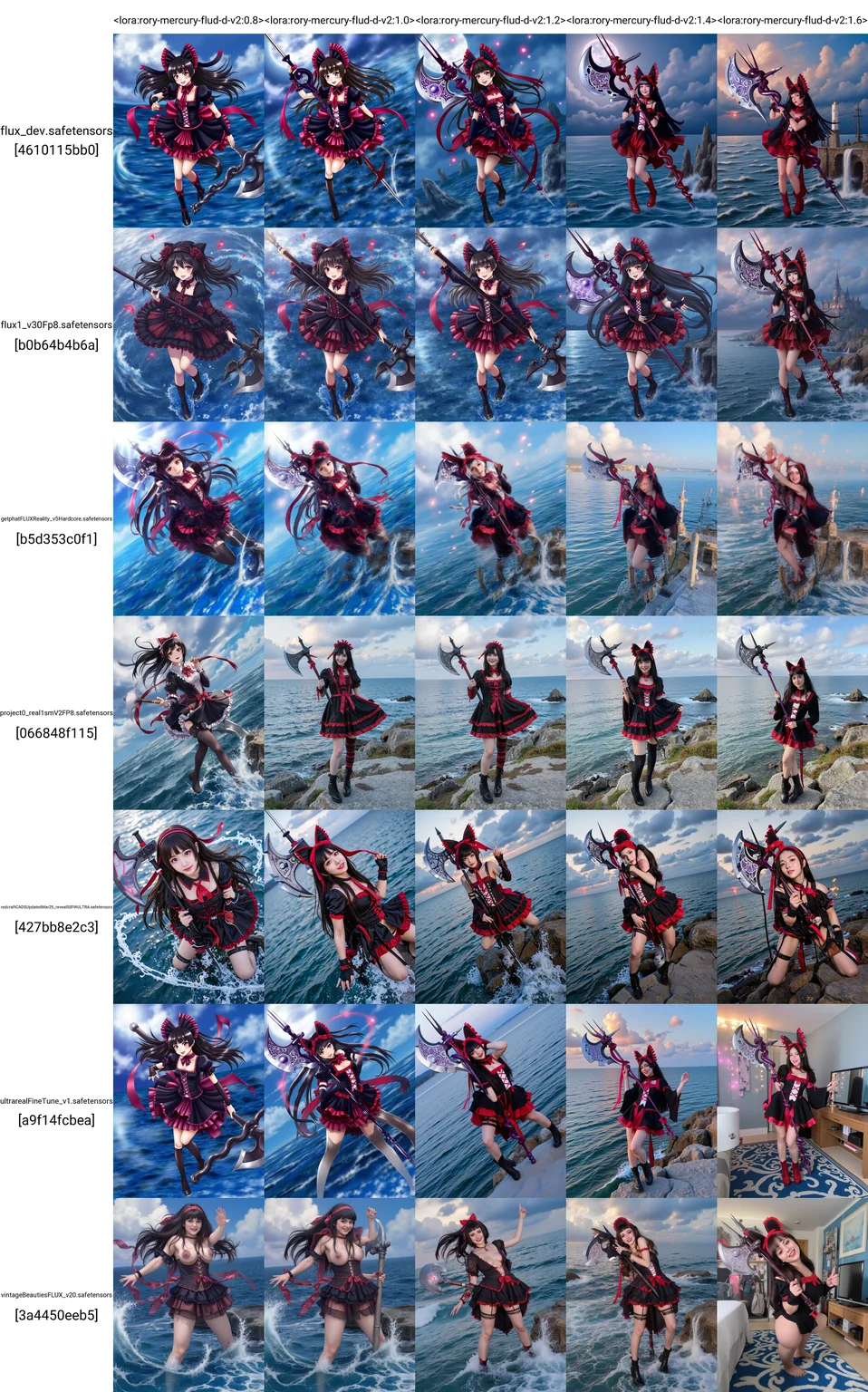 <lora:rory-mercury-flud-d-v2:0.8> rory mercury black hair red eyes gothic headband gothic dress halberd full body legs ocean smile