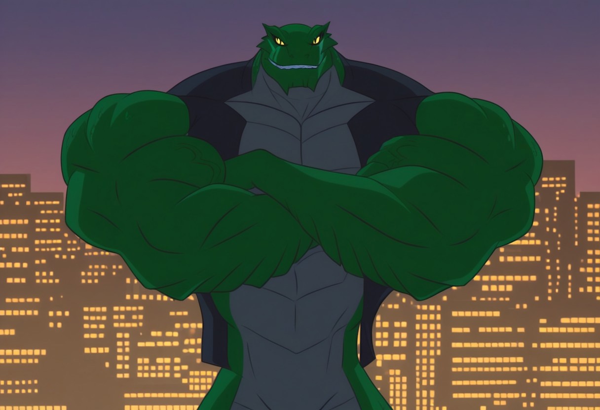killer-croc, crocodile, anthro, green skin, grey underbelly, reptile tail, black vest, scar on one eye, solo, furry, muscular, crossed arms, looking down at viewer, upper body, veiny, city downtown background, night, evil smirk, bed eyes, (realistic shading, detailed picture), yellow eyes, slit pupil