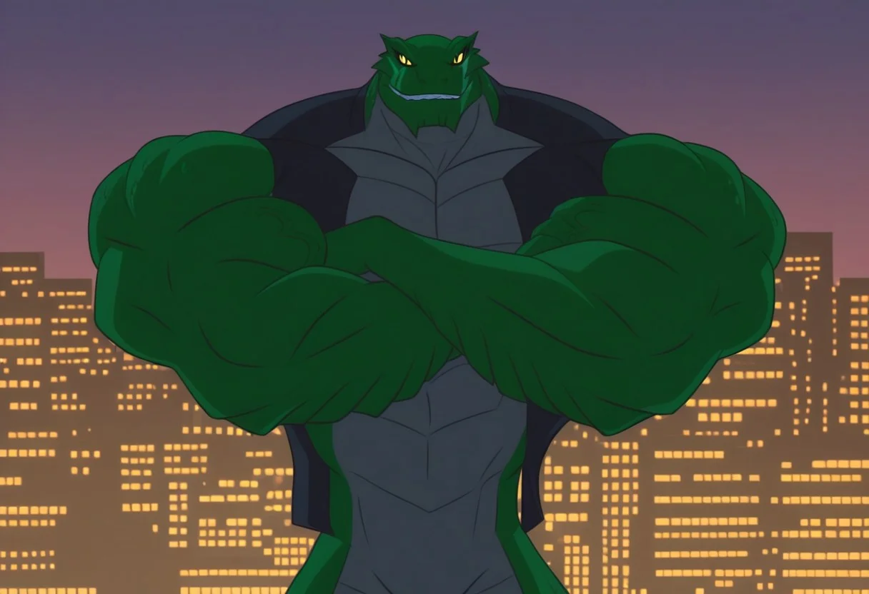 killer-croc, crocodile, anthro, green skin, grey underbelly, reptile tail, black vest, scar on one eye, solo, furry, muscular, crossed arms, looking down at viewer, upper body, veiny, city downtown background, night, evil smirk, bed eyes, (realistic shading, detailed picture), yellow eyes, slit pupil