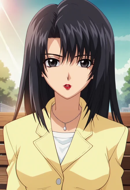 score_9, score_8_up, score_7_up, score_6_up, anime screencap, anime coloring, <lora:MadokaNarumi:0.8>, MadokaNarumi, 1girl, black hair, long hair, black eyes, breasts, 
necklace, yellow jacket, lipstick, 
looking at viewer, portrait, eye focus, close-up, 
BREAK outdoors, park, bench, light rays, day, blue sky,