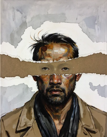 By Craig Hanna. A digital painting of a dark-skinned man with a beard and a serious expression, positioned in the middle of the image, with a torn piece of paper in front of his face, creating a shadow effect. the man appears to be in his late 30s, with short black hair and a beard, and is wearing a beige coat and a black scarf. he is facing the viewer directly, with his eyes looking directly at the viewer. the background is a plain, light-colored wall with a subtle texture, and the image is framed by a thin, jagged strip of brown paper that extends from his face to his mouth, creating an abstract and surreal art style. the focus is on the man's face and the texture of the paper, with the contrast between the dark skin and the light creating a sense of depth and dimension.
