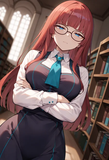 <lora:StuffyAISDXL11:1>, best quality, masterpiece, very awa, StuffyAIStyle, 1girl, red hair, long hair, blunt bangs, blue eyes, medium breasts, crossed arms, librarian, library, glasses, narrowed eyes, annoyed, dutch angle, depth of field, blurry background, solo, detailed background,