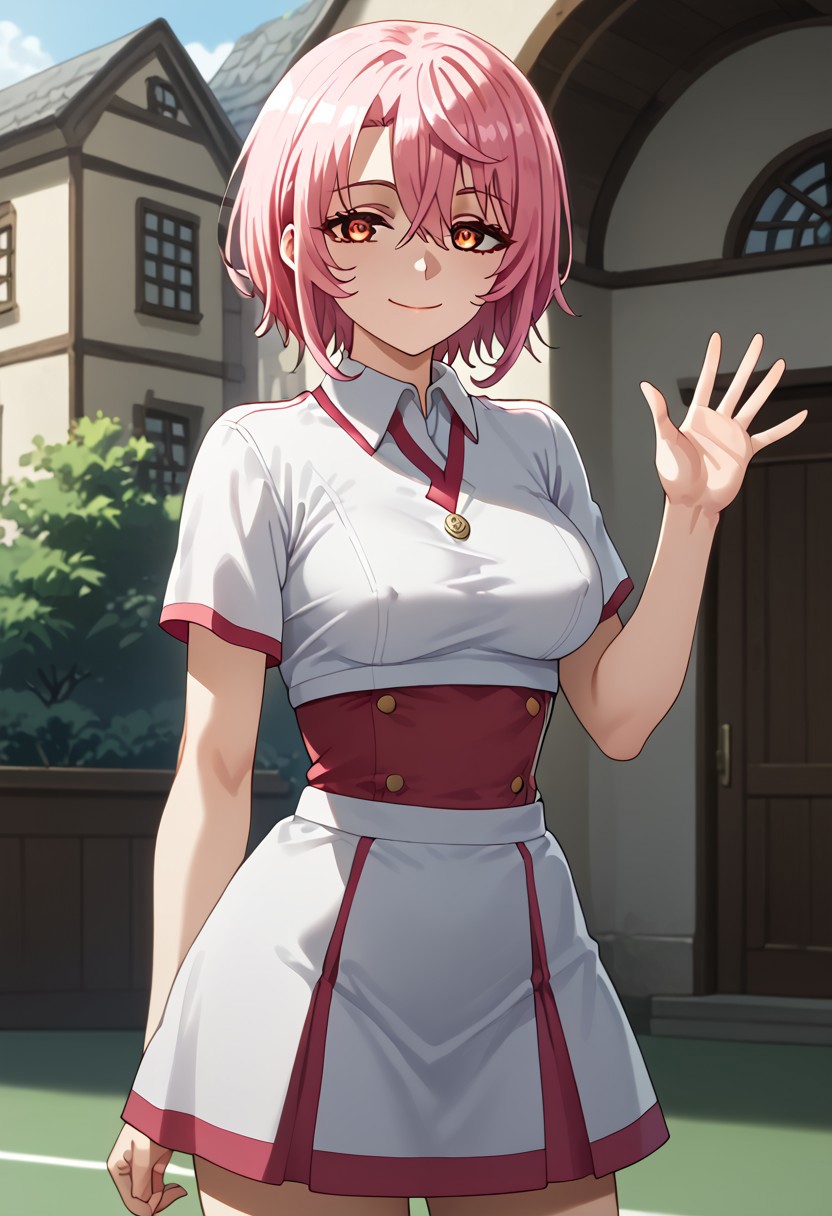 score_9,score_8_up, newest, beautiful hair, beautiful skin, cinematic lighting, soft lighting, soft shadow, masterpiece, high quality, (beautiful eyes, high definition eyes, 1.2), 
sitri smart, short hair, pink hair, asymmetrical bangs, hair between eyes, red eyes, outdoor, in town, 
looking at viewer, covered nipple, ,half-closed eyes, 
<lora:tennis-uniform-ponyxl-lora-nochekaiser:1> tennis uniform, , two-tone skirt, two-tone shirt, crop top overhang, medieval outfits, standing, smiling, waving hand, raising hand,