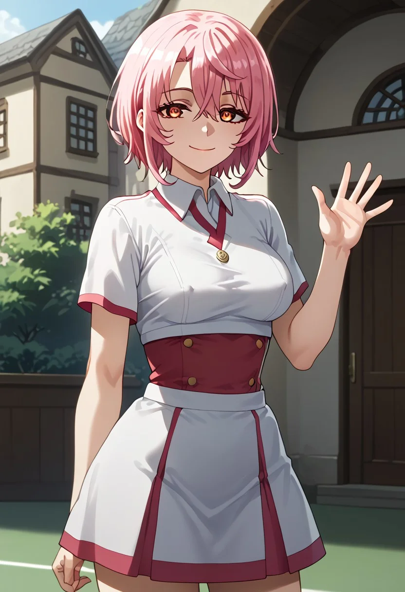 score_9,score_8_up, newest, beautiful hair, beautiful skin, cinematic lighting, soft lighting, soft shadow, masterpiece, high quality, (beautiful eyes, high definition eyes, 1.2),
sitri smart, short hair, pink hair, asymmetrical bangs, hair between eyes, red eyes, outdoor, in town,
looking at viewer, covered nipple, ,half-closed eyes,
<lora:tennis-uniform-ponyxl-lora-nochekaiser:1> tennis uniform, , two-tone skirt, two-tone shirt, crop top overhang, medieval outfits, standing, smiling, waving hand, raising hand,