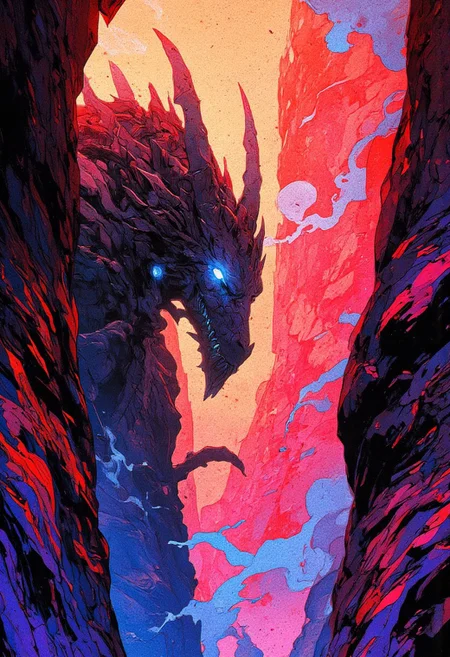 A surreal, abstract fantasy painting of a massive dragon lurking within an ethereal canyon. The dragon's silhouette is dark and jagged, adorned with sharp spines and elongated limbs, seamlessly blending into the swirling, dreamlike environment. The canyon walls are illuminated by intense hues of crimson, magenta, and violet, creating a striking contrast between shadow and light. The background features a vast, otherworldly landscape with towering, distorted cliffs that seem to melt and shift, forming surreal, fluid-like patterns. Wisps of blue mist weave through the air, adding an ethereal glow to the composition. The dragon's piercing, luminescent eyes radiate an eerie energy, hinting at its ancient and mysterious nature. The painting is rendered in a bold, modern fantasy style with elements of psychedelic surrealism, characterized by its vivid colors, fluid textures, and dynamic lighting. The scene feels both mythical and otherworldly, as if it exists in a dimension beyond time and space. The use of intense contrast and abstract forms evokes a sense of awe and danger, immersing the viewer in a dreamlike fantasy realm. The composition is balanced with the dragon’s form seamlessly integrated into the environment, its limbs and tail extending into the depths of the canyon. The swirling colors and distorted lines give a sense of movement, making the scene feel alive and constantly shifting
, anime, cyberpunk