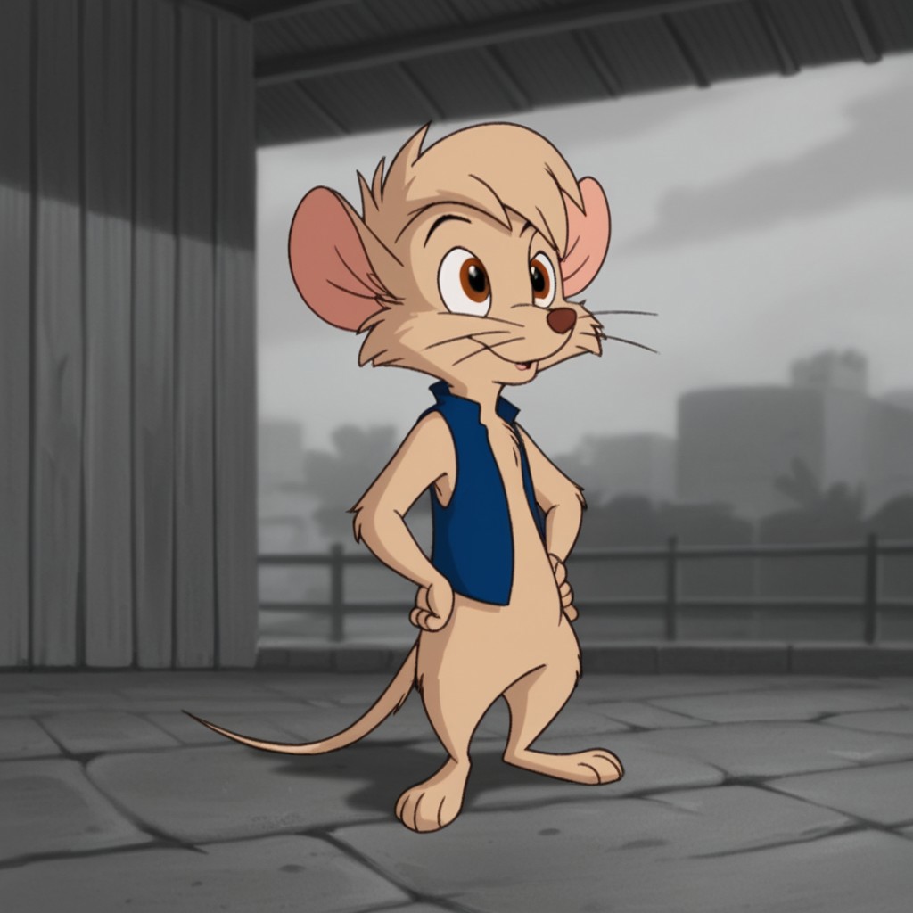 score_9, score_8_up, score_7_up, score_6_up, score_5_up, score_4_up, source_furry, Timmynimh2, semi-anthro, male, mouse, tan fur, brown eyes, short hair, blue vest,standing, hands on hips, solo, 1boy, outside