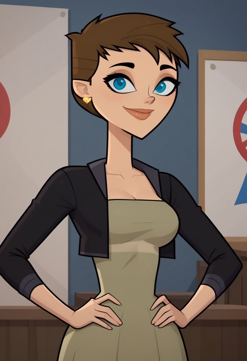 ((room background)),score_9, score_8_up, score_7_up,score_6_up, 
1girl, solo, Ivy_DC, light skin, blue eyes, dark brown hair, short hair, hairstyle pixie cut, yellow heart earrings, sleeveless olive green dress, black fitted short jacket, black tight pants, beige flat shoes, big eyes, cute, tall stature, social smile, perfect eyes, perfect smile, looking at the viewer, detailed eyes, perfect eyes, standing, big breasts (front pose, front view, bust shot) five fingers, perfect hands, hands on hips