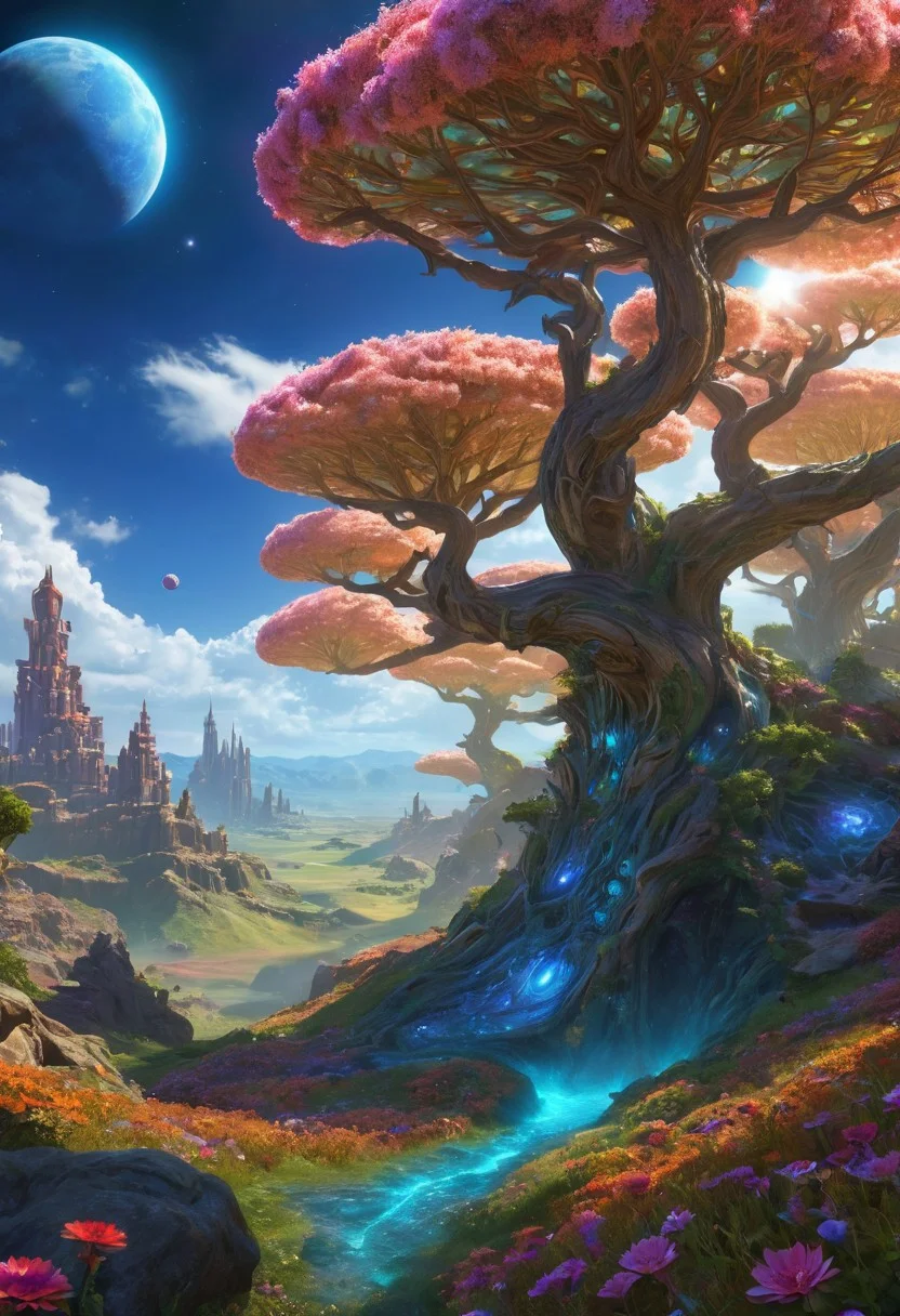 (masterpiece:1.5), unreal 8k wallpaper, unity 8k wallpaper, score 9, score 8 up, score 7 up, masterpiece_portrait, extreme quality, reflection, surface reflection, dynamic lighting, Cinematic style, cinematic quality, ((no humans, no people)), photorealistic, realistic, a spectrum of iridescent colors, precise, fractal design, flowing curves, precision, colorful, fractal geometry, harmonic interference, digital illustration, photo manipulation, altered realities, fantastical scenes, digital artistry, striking visuals, sharp focus, detailed background, light reflection, fantasy, science fiction, A enormous magical world, massive valley, in the center of the valley is (a magnificent magical landscape), the (magical landscape) has been here for a very long time, where this (magical landscape) came from no one knows it has long been forgotten, beautiful blue skies majestic clouds, gnarled trees dot the landscape, in the sky you can see (three huge moons) is all inspiring and a little frightening, the valley is also covered in beautiful multicolored flowers and multi-colored trees, no life can be seen anywhere, science fiction, (World of StarCraft), 3D blender, bushes, grass, flowers, daytime, Blue skies, clouds, magnificent World of StarCraft,