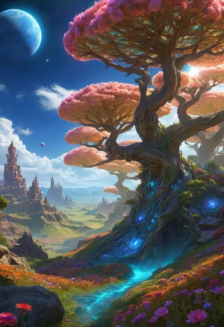 (masterpiece:1.5), unreal 8k wallpaper, unity 8k wallpaper, score 9, score 8 up, score 7 up, masterpiece_portrait, extreme quality, reflection, surface reflection, dynamic lighting, Cinematic style, cinematic quality, ((no humans, no people)), photorealistic, realistic, a spectrum of iridescent colors, precise, fractal design, flowing curves, precision, colorful, fractal geometry, harmonic interference, digital illustration, photo manipulation, altered realities, fantastical scenes, digital artistry, striking visuals, sharp focus, detailed background, light reflection, fantasy, science fiction, A enormous magical world, massive valley, in the center of the valley is (a magnificent magical landscape), the (magical landscape) has been here for a very long time, where this (magical landscape) came from no one knows it has long been forgotten, beautiful blue skies majestic clouds, gnarled trees dot the landscape, in the sky you can see (three huge moons) is all inspiring and a little frightening, the valley is also covered in beautiful multicolored flowers and multi-colored trees, no life can be seen anywhere, science fiction, (World of StarCraft), 3D blender, bushes, grass, flowers, daytime, Blue skies, clouds, magnificent World of StarCraft,