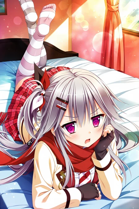 masterpiece,best quality,amazing quality,highres,scenery,newest,1girl,official style,inori,long hair,purple eyes,grey hair,hair between eyes,bangs,inori school,striped,scarf,thighhighs,skirt,hair ornament,one side up,striped thighhighs,red scarf,plaid skirt,necktie,ribbon,hairclip,hair ribbon,plaid,school uniform,zettai ryouiki,mismatched legwear,red skirt,pleated skirt,asymmetrical legwear,fingerless gloves,<lora:inori:1>,bedroom,bed,the pose,soles,annoyed,open mouth,looking at viewer,no toes,