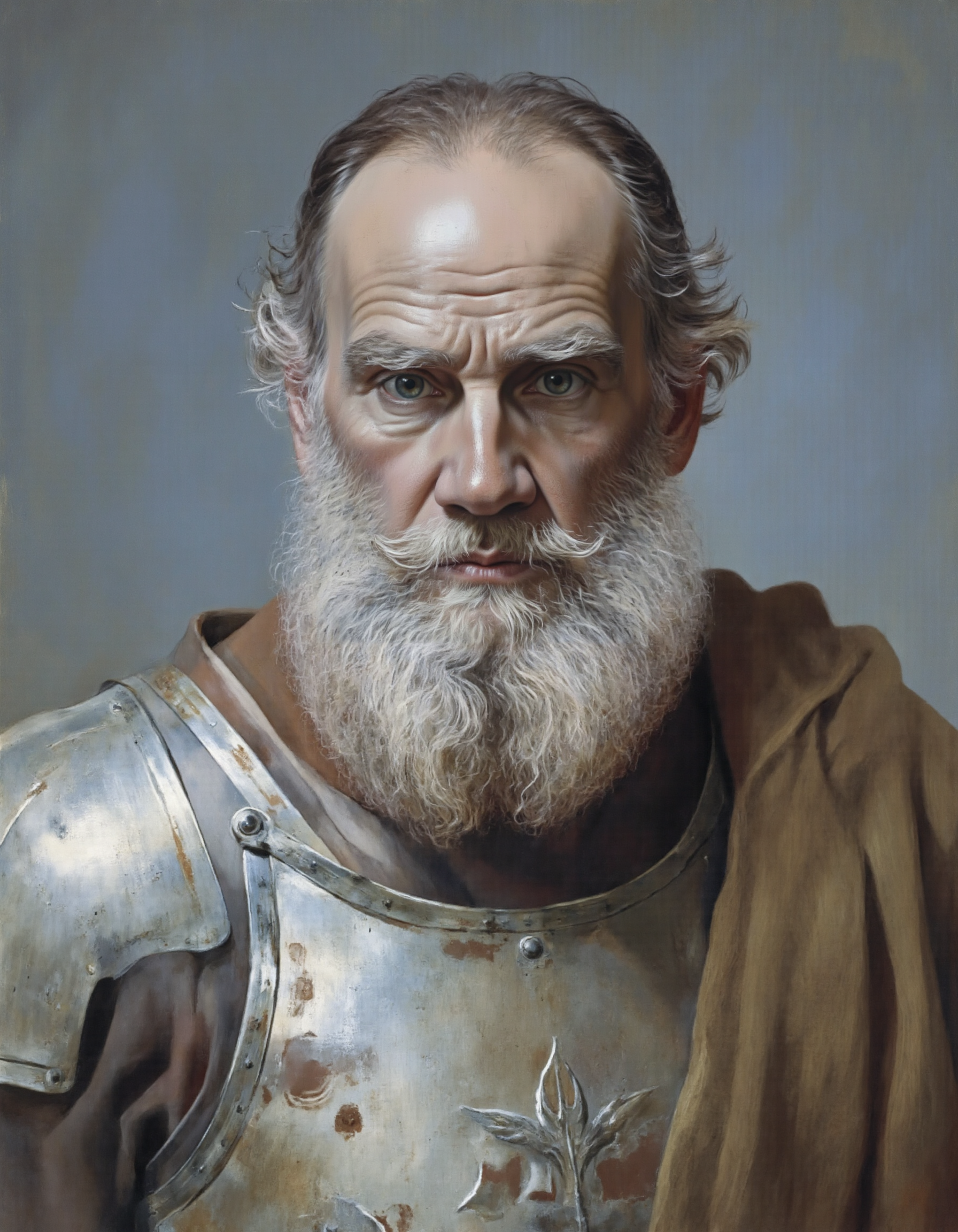 Rembrandt style <lora:DB:1>, This is a highly detailed digital portrait of an older man with a rugged, weathered appearance. The subject has a deeply lined face, expressive eyes, and a thick, white beard and mustache that covers his chin and upper lip. His skin tone is a light brown, suggesting a Mediterranean or Middle Eastern heritage. The man's hair is long, white, and unkempt, falling loosely around his shoulders.
He is dressed in medieval armor, specifically a metal breastplate that covers his upper chest and shoulders, with intricate designs and a slightly worn, weathered texture. The breastplate is a light silver color, with a visible seam running down the center. The man also wears a brown, woolen scarf wrapped around his neck, adding a touch of warmth and comfort to his attire.
The background is a softly blurred, gradient of cool tones, primarily blue and gray, which helps to focus attention on the subject. The lighting is natural and diffused, casting gentle shadows that enhance the textures and details of the man's face and armor. The overall style of the portrait is realistic, with a high level of detail and a focus on the textures and emotions of the subject., <lora:t0lst0y:1> . Baroque, chiaroscuro, realistic, emotional, "flat lighting