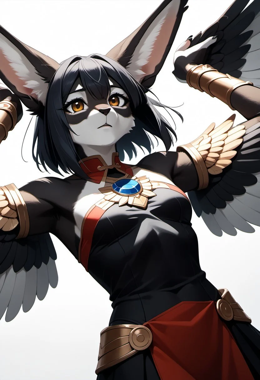 1person, Palagiri, anthro, feline features, feline nose, large ears, ((winged arms)), arms lowered, no hands
Dutch angle,
Source: anime, score: 9, score: 8up,