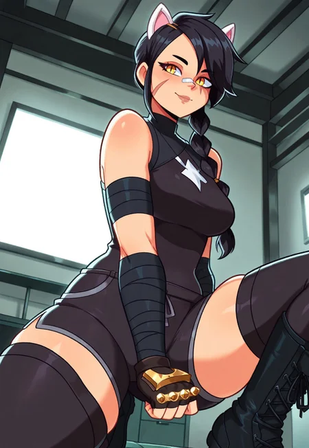 hires, masterpiece, ArmasDraws, erisafn, 1girl, solo, posing, happy, slit pupils, yellow eyes, scar on face, long hair, bandaid on nose, single braid, black hair, white animal ears, fingerless gloves, brass knuckles, black bandages, black bodysuit, shorts, bare shoulders, thighhighs, black boots, looking at viewer, indoors