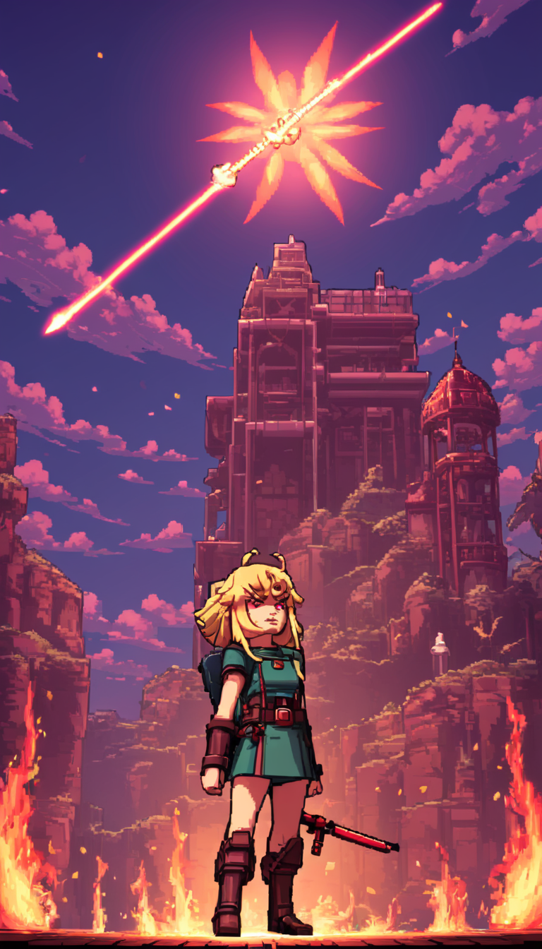 pixel-art Cinematic scene, hero view, Tanya Degurechaff, Youjo Senki <lora:tanya_degurechaff_xl_v5:1>, action pose, masterpiece, best quality, high quality, highres, absurdres  . low-res, blocky, pixel art style, 8-bit graphics