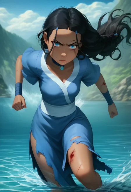 Expressive, score_6_up, score_7_up, score_8_up, score_9. Masterpiece, best quality, highly detailed, harmonious anatomy, (natural beauty:1.5), consistent details. Katara, arctic, fighting stance, martial arts attack position, on an iceberg, streams of water, single braid, flashing legs, flashing thighs, opened blue kimono, cleavage, flowing hair, action shot, wind in hair, skintight clothes, sash, pronounced female figure, exposed skin, flashing thighs, (torn clothes:1.2), [scar, blood, wounded], dynamic pose, dynamic view, perfect hands, [water around body], waterbanding, water banding, perfect face, blue eyes, dark skin, beautiful face.