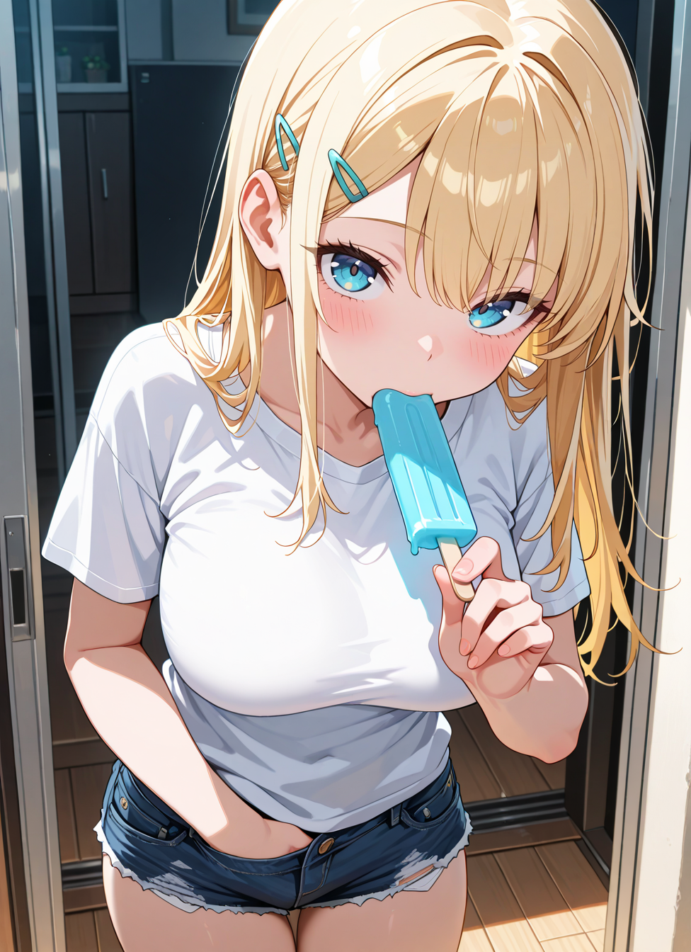 masterpiece,best quality,absurdres,highres,very aesthetic,high quality,detailed,insanely detailed,beautiful,perfect lighting, looking at viewer, very awa
1girl, solo, hair ornament, hairclip, long hair, blush, blonde hair, large breasts,  white shirt,  short shorts, 
 <lora:privet-move:1> one hand in pants, popsicle, fellatio popsicle, 
cowboy shot,, <BREAK> , masterpiece, amazing quality, best quality, ultra-detailed, 8K, illustration, CG, anime coloring,