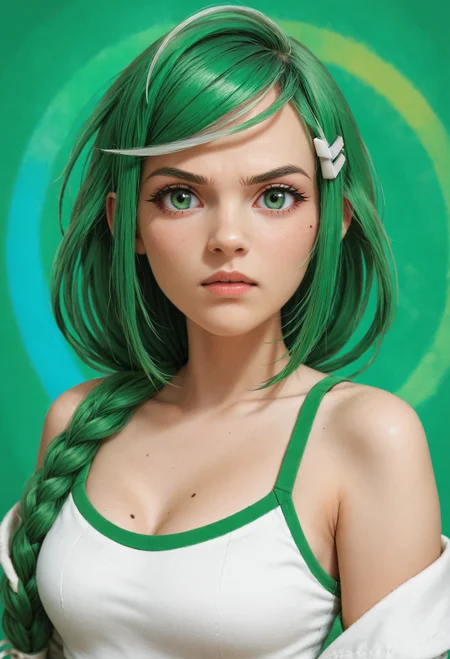 zPDXL2, (from side:0.8), (face focus:0.9), depth of field, highly detailed,
(close shot:1.2), portrait, sber-chan, green hair, streaked hair, green eyes, single braid, white bow, long hair, green nails, (skin details:1.1), (mole on breast:1.3), medium breasts, cleavage,
looking at viewer, shy, (angry:0.8),
hairclip, cowl sleeves tank top,
vibrant, colorful abstract background with swirling patterns and dynamic shapes,
<lora:add-detail-xl:1.5> <lora:Sber-chan:0.9>
