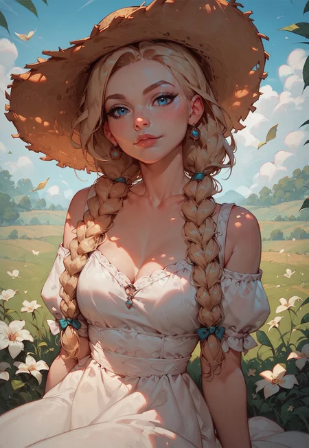 safe_pos, score_9, score_8_up, score_7_up, score_6_up, 1girl, braids, blonde hair, blue eyes, looking at viewer, white summer dress, straw hat, green fields, sunshine, slight smirk, MiraBelle666