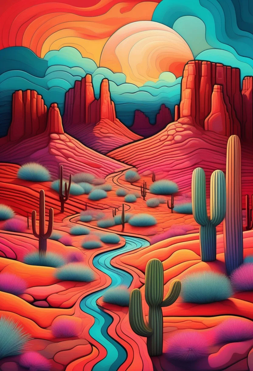 Rolling desert landscapes of the American Southwest in a vibrant psychedelic style, with bold, surreal colors separated by sharp black lines, creating a stained-glass effect. Towering red rock formations and mesas in the distance, stylized with vivid hues of orange, pink, and turquoise. Sparse desert vegetation like cacti and sagebrush rendered in exaggerated, kaleidoscopic patterns. A small pueblo-style village nestled in the valley, its adobe structures glowing with warm, earthy tones. The sun setting in a fragmented, geometric sky, casting a dreamlike glow over the scene. Highly detailed, surreal composition, inspired by psychedelic art and Southwestern aesthetics, 8K resolution, vivid and trippy yet harmonious color palette, a mesmerizing and otherworldly mood.