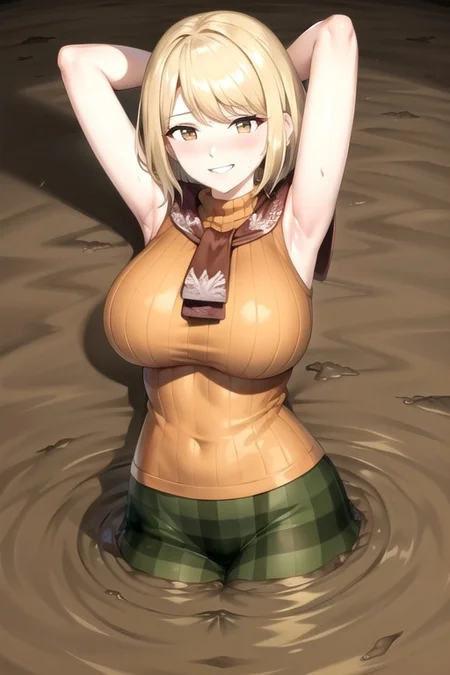 ashley graham, brown eyes, bangs, red scarf, (orange sweater:1.2), sleeveless turtleneck, green miniskirt, large breast, partially submerged, in mud, flooding up to the chest, upper body, (village:1.5), (mud:1.5), (pov:1.5), (raised eyebrows:1.2), :o, blush, (sinking:1.1), (seductive smile:1.5), , (arms behind head:1.5),