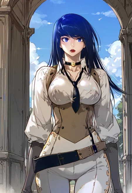score_9, score_8_up, score_7_up, ahyoxl11, blue eyes, blue hair, long hair,swept bangs, lipstick, makeup, white shirt, large breast, black necktie, corset, white pants, belt, gloves, neck bell, <lora:Ahrah_Yoonseul:1.0>