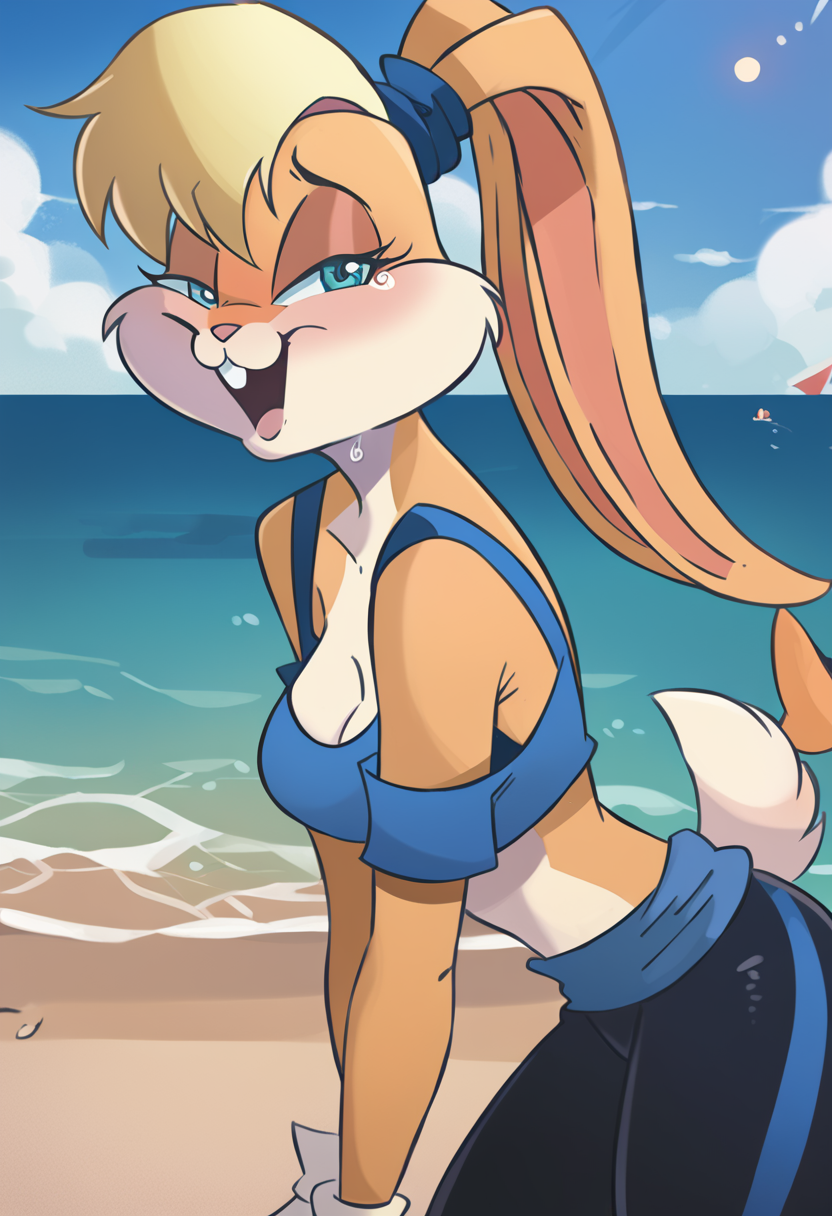 (1girl, solo, solo focus, female focus), <lora:hermitmoth style v1.0:1>, hermitmoth, lola, anthro, bunny, bunny girl, bunny hair, bunny nose, bunny tail, blonde hair, blue eyes, blush, light-skinned female, light skin, thin, athletic body, medium breasts, sport bra, sport pants clothes, zPDXL, score_9, score_8_up, score_7_up, paradise packground, holiday theme, walking on sand, beach, ocean, warm lights, ambient light
