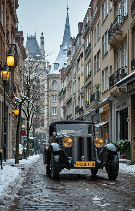 high-resolution photograph capturing a vintage scene in a snow-covered European street, likely from the early 20th century. The central focus is a classic black car, possibly a Rolls-Royce, with a polished chrome finish and large, round headlights. The car is parked on a slick, wet cobblestone street, with a yellow license plate reading "120-3" visible. The street is flanked by ornate, historical buildings with intricate stone facades and pointed, snow-covered roofs. These buildings feature large windows and decorative iron balconies, adding to the historical charm., To the left, a vintage street lamp with a glowing yellow light casts a warm glow onto the snow, enhancing the scene's nostalgic atmosphere. Bare trees line the street, their branches stark against the overcast sky. The sky itself is a muted, pale blue, indicating a cold, wintry day. The overall color palette is dominated by shades of gray, white, and dark brown, with subtle hints of yellow from the lamp and car lights. The texture of the snow and the wet cobblestones adds depth to the scene, while the architectural details of the buildings and the vintage car contribute to a sense of timelessness and historical elegance., <lora:aidmaImageUpraderv0.3:0.4>, aidmaimageupgrader, <lora:diffusion_pytorch_model:1>, <lora:aidmaMJ6.1_v0.5_3:0.7>, aidmaMJ6.1, ultra quality, ultra detailed, intricate details