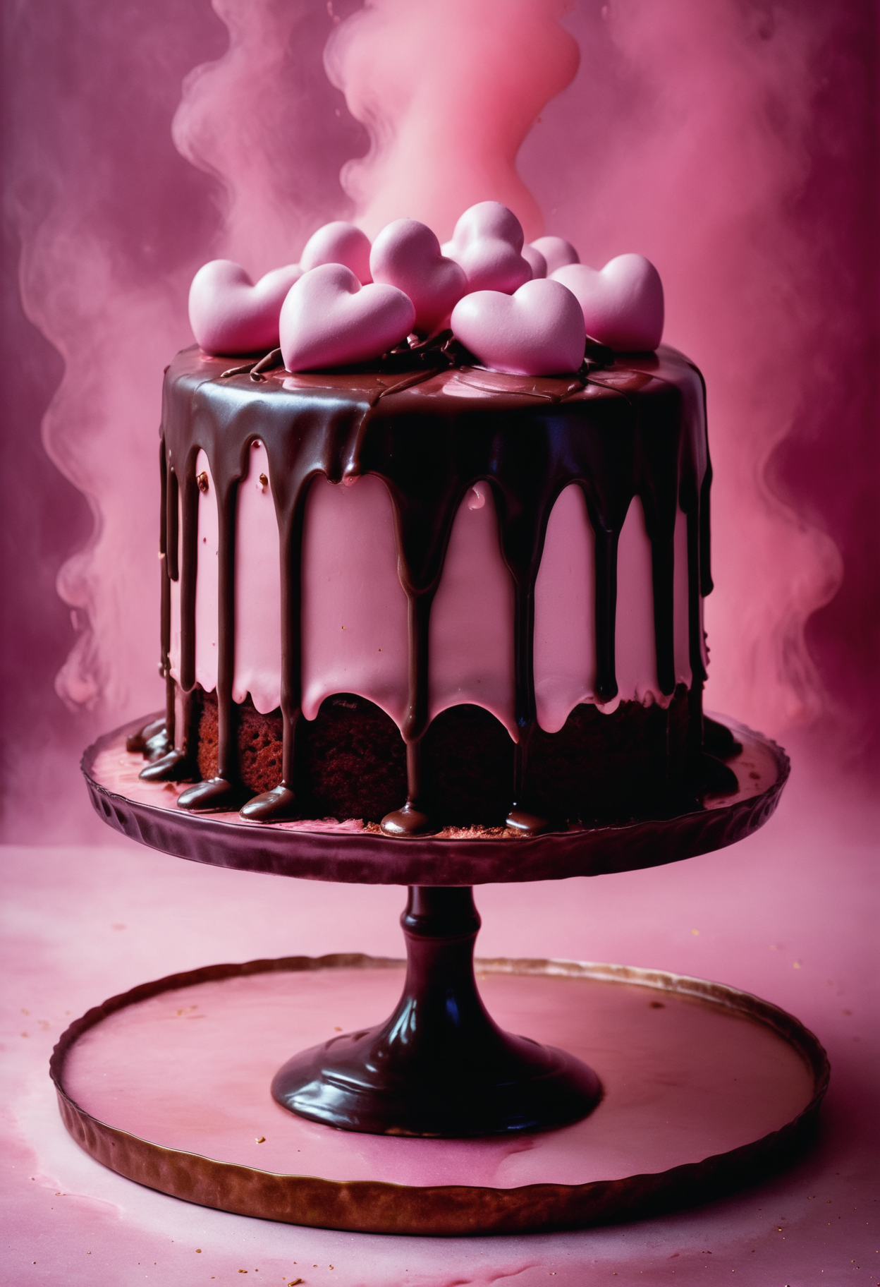 a cake with melted chocolate, pink mist <lora:heartmiststyle-000001:1>