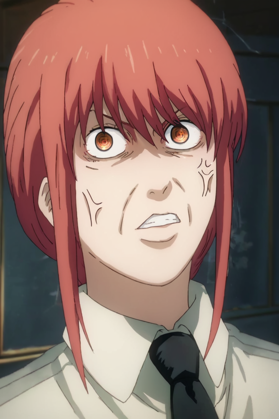 score_9, score_8_up, score_7_up, score_6_up, score_5_up, score_4_up, <lora:mak1ma0XL_Pony_v1> , 1girl, mak1ma0, red hair, long hair, ringed eyes, white collared shirt, black necktie, <lora:gintama_funny_face:1>, gintama_funny_face,  angry, anger marks, eyes vein lines, impact lines, alone, looking at the viewer, masterpiece, highres, highly detailed face, highly detailed shining eyes, symmetrical highly detailed eyes