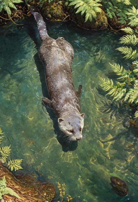 (Highly detailed), (hyper realistic), ArsMJStyle, Colored pencil hyperdetailed realism – A playful otter swims gracefully through a crystal-clear river, its sleek, glossy fur glistening in the dappled sunlight that filters through the trees above. The otter's fur is a mix of rich browns, soft grays, and hints of golden hues, each strand clearly defined and adding a tactile texture to the scene. Its webbed feet paddle smoothly through the water, sending gentle ripples across the surface. The riverbank is lush with ferns and wildflowers in vibrant greens, yellows, and purples, while towering trees with deep green leaves line the river’s edge. The water itself is clear and sparkling, revealing the rocks beneath. The scene is peaceful yet playful, with the otter’s mischievous expression adding life to the serene, hyperrealistic setting.