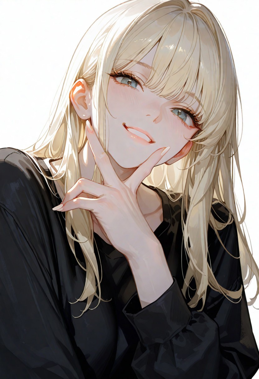 masterpiece, absurdres, newest, best quality, amazing quality, very aesthetic, 1girl, (blonde, long hair), detailed eyes, detailed face, {{adult}}, cool, pretty, bangs, manhwa style 2024, muted colors, {{beautiful detailed face}}, semi-realistic, watercolor on paper, {{aesthetic}}, {{{best quality}}}, stunning, perfect body, looking at viewer, smiling, {{wide angle}}, highly textured, in the art musem, fingernails, (masterpiece, detailed:1.2), 96yottea, 748cmstyle, usnr, black shirt, gbf_style, moody lighting, detailed hands, detailed fingers, female focus