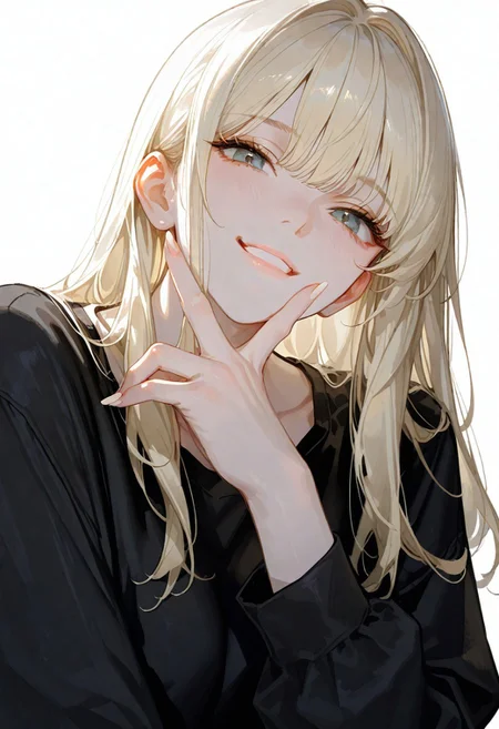masterpiece, absurdres, newest, best quality, amazing quality, very aesthetic, 1girl, (blonde, long hair), detailed eyes, detailed face, {{adult}}, cool, pretty, bangs, manhwa style 2024, muted colors, {{beautiful detailed face}}, semi-realistic, watercolor on paper, {{aesthetic}}, {{{best quality}}}, stunning, perfect body, looking at viewer, smiling, {{wide angle}}, highly textured, in the art musem, fingernails, (masterpiece, detailed:1.2), 96yottea, 748cmstyle, usnr, black shirt, gbf_style, moody lighting, detailed hands, detailed fingers, female focus