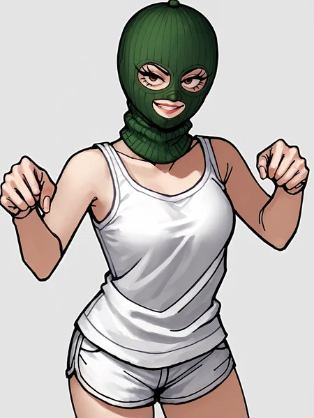 score_9, score_8_up, score_7_up, score_6_up, score_5_up, score_4_up,
BREAK
1girl, green balaclava, brown eyes, long eyelashes, mouth, smug,
BREAK
solo, cowboy shot, white tank top, white sport shorts,
BREAK
white background, dynamic pose, dynamic angle, angled shot, <lora:Lunas-Balaclava-SDXL-A2:1> <lora:Lunas-2n5-Artist-SDXL-A1:1>