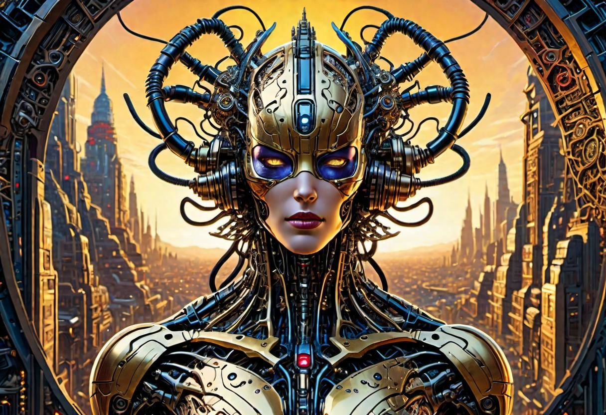masterpiece+++,by william Stout,  (filigreed , marvel comic style but extremely beautiful:1.4), (intricate details, masterpiece, best quality:1.4) ,
Biomechanical cyberpunk, cybernetics, human-machine fusion, dystopian, organic meets artificial, dark, intricate, ultradetailed, intricate, sunset photo, 8k, light bloom