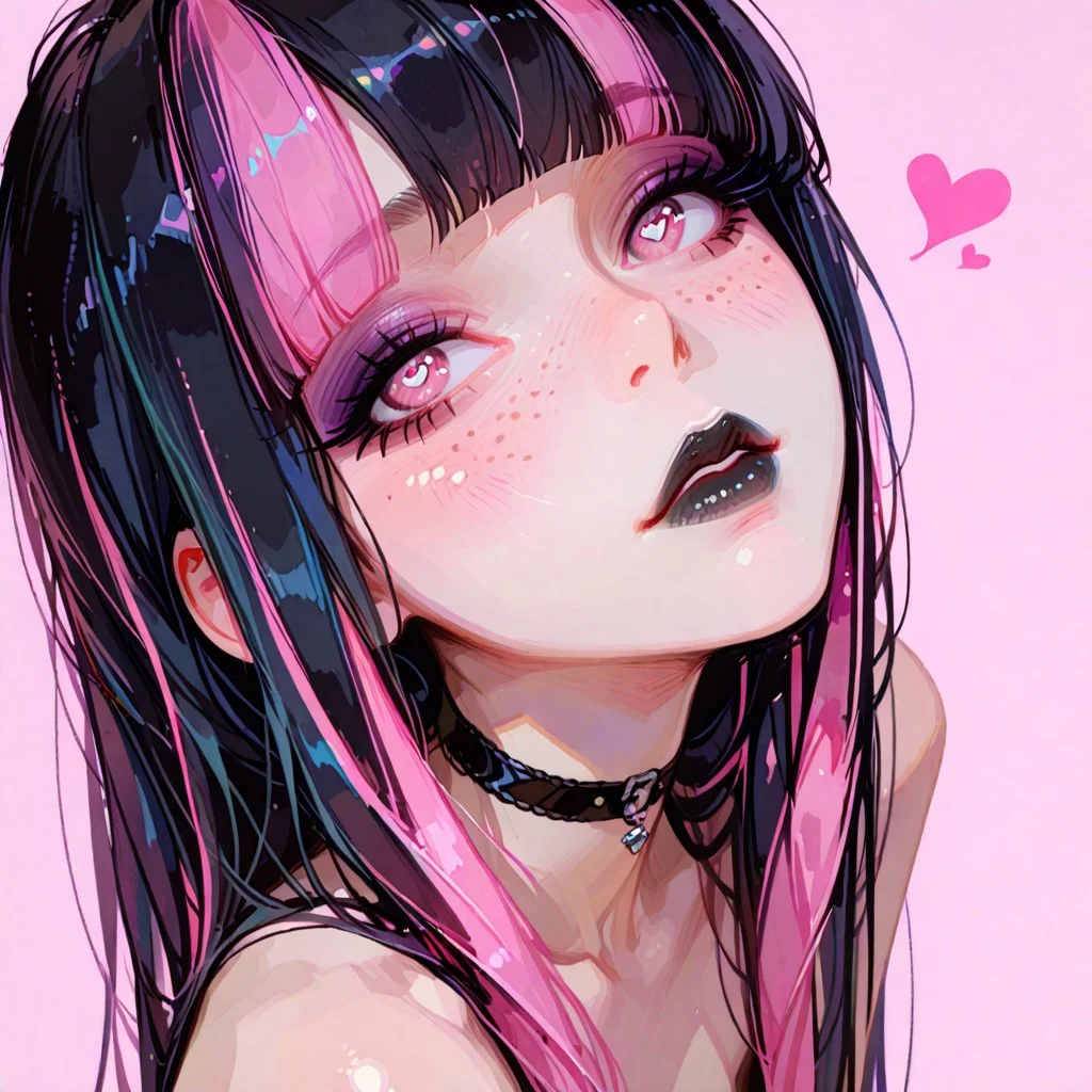 Artist : Tsuaii, Artist : Incase, flat colors, high detailed, high quality, masterpiece, best quality, very awa, absurdres, detailed eyes, detailed face, detailed skin, simple background, 1girl, no breasts, pink eyes, long eyelashes, black hair, pink hair, streaked hair, blunt bangs, two-tone hair, very long hair, black lips, eyeshadow, freckles, kawaii goth, black choker, looking at viewer, shy expression, petite girl, goth innocence, looking up at viewer, 18yo, heart eyes, hypnotic eyes, small face, closed lips, small nose, glittering backgroung, adorable, kawaii, cute, sweet girl