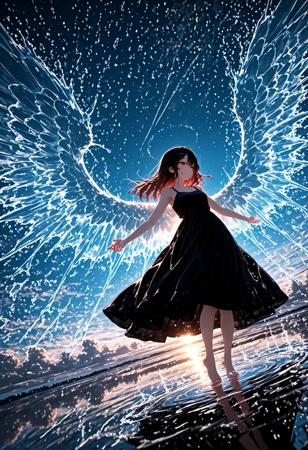 dutch angle, 1girl, black sundress, spread arms, barefoot, standing on liquid, reflective water, water wings, sky, transparent air, svevsty, masterpiece, best quality, amazing quality, very aesthetic, absurdres, newest, <lora:svevsty:1>