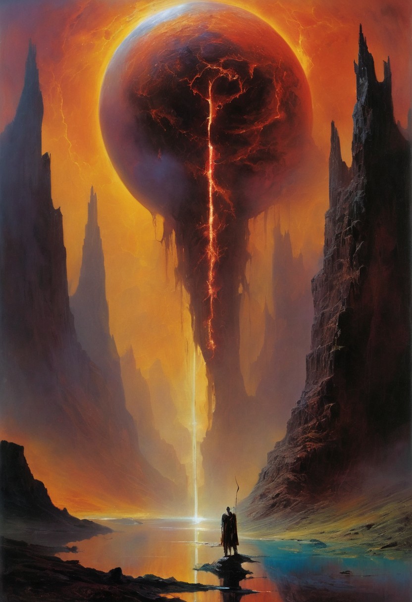 reversed world, turbulence, balrog, eye of sauron, shadow above world, hanging, godforsaken, above the weeping world, dying sun,to rule them all
,
masterpiece, dark fantasy, magic, glow, mysterious, emotional, expressive, poignant, disturbing, absurdes, horror theme, scary, eclipse, hypnotic, colorful, brushstrokes, dry brush, dramatic, tragic, melancholy, perfection, paiting, concept art, detailed, acid deep colors, stunning color scheme, mesmerizing and otherworldly visual experience, complex, high resolution, artistic, proffesional, composition explores the boundaries of reality, creating a visually arresting scene that defies conventional norms,
<lora:xl_more_art-full_v1:0.7> striking, neon lighting, epic scale, vertical composition, visionary,
,
,
<lora:DnD_Grainyboyz V2 SDXL Lora:0.45> DnD_Grainyboyz <lora:John Berkey Style:0.45> John Berkey Style page