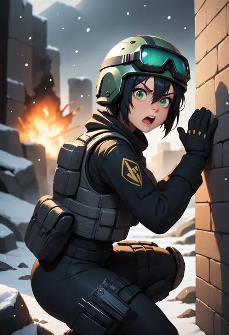 score_9, score_8_up, score_7_up BREAK 1girl, solo, helmet, goggles on head, military uniform, soldier, (black clothes:1.2), bulletproof vest, black pants, snow,against surface, against wall, rock, hiding, upper body, green eyes, short hair, hair between eyes, shouting, open mouth, (angry:0.8) hand up, holding gun, handgun, strike force, snowing, beckoning, from side, squatting, thigh holster, looking at viewer, curvy, thick thighs, gesture, breasts, impossible clothes, smoke, debris, rubble, city ruins, destruction,battle, pov, upper body, cover, explosion, depth of field,